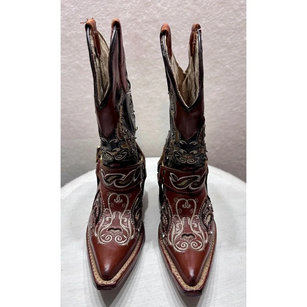Botas Nicasio Kids Brown Leather Embroidered Cowboy Boots Rhinestone Harness 8